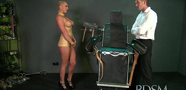  BDSM XXX Master straps big tits submissive girl to a gyno chair